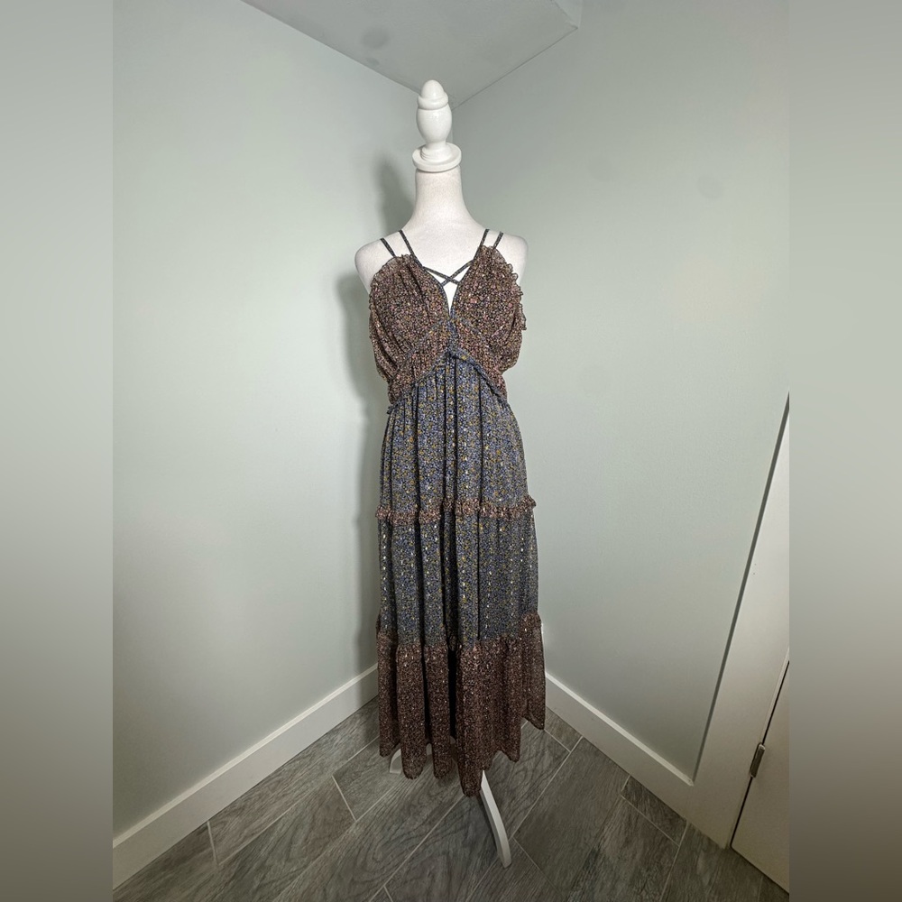 Lucky Brand Ruffle Floral Maxi Sundress Blue Brown w Gold  Size Large - Picture 4 of 16